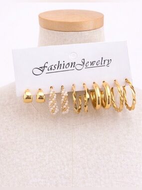 NEW Set of Five Golden Hoop Faux Pearl Lightweight Earrings Zinc Alloy Plated